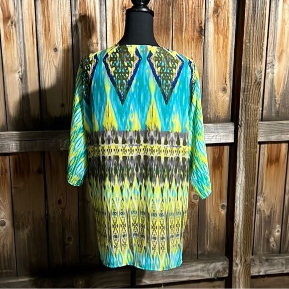 Notations cardigan semi-sheer yellow green brown geometric Small FIRM on PRICE - Picture 5 of 8